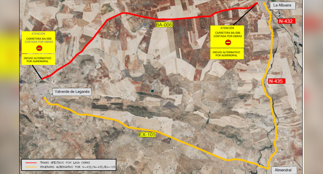 La carretera BA-006, de La Albuera a Valverde de Leganés, estará cortada en estas fechas
