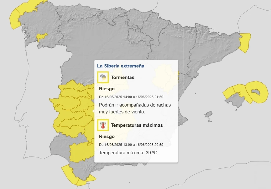 Alerta amarilla este lunes por tormentas y calor en parte de Extremadura