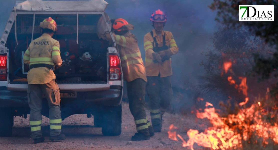 Bomberos del Infoex extinguiendo las llamas del incendio de Tres Arroyos