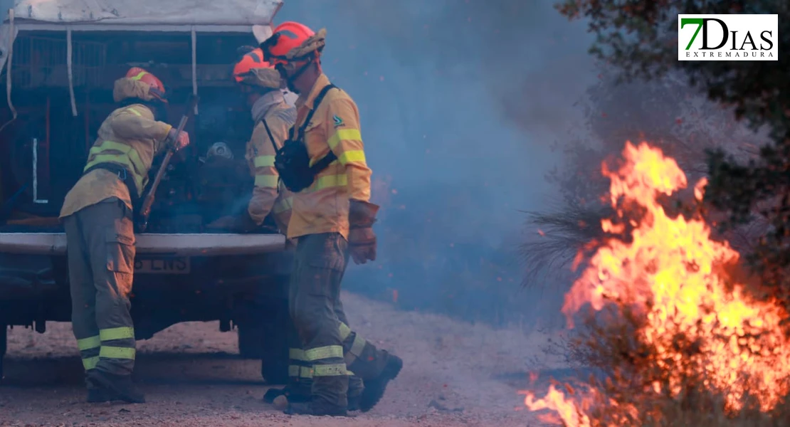 Bomberos del Infoex extinguiendo las llamas del incendio de Tres Arroyos