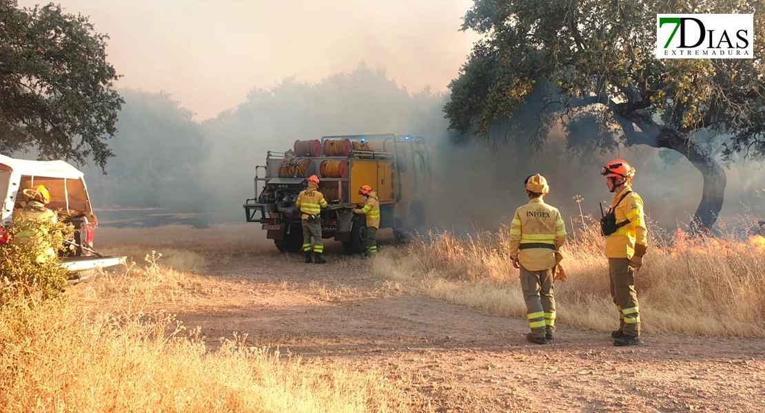 Bomberos del Infoex extinguiendo las llamas del incendio de Tres Arroyos