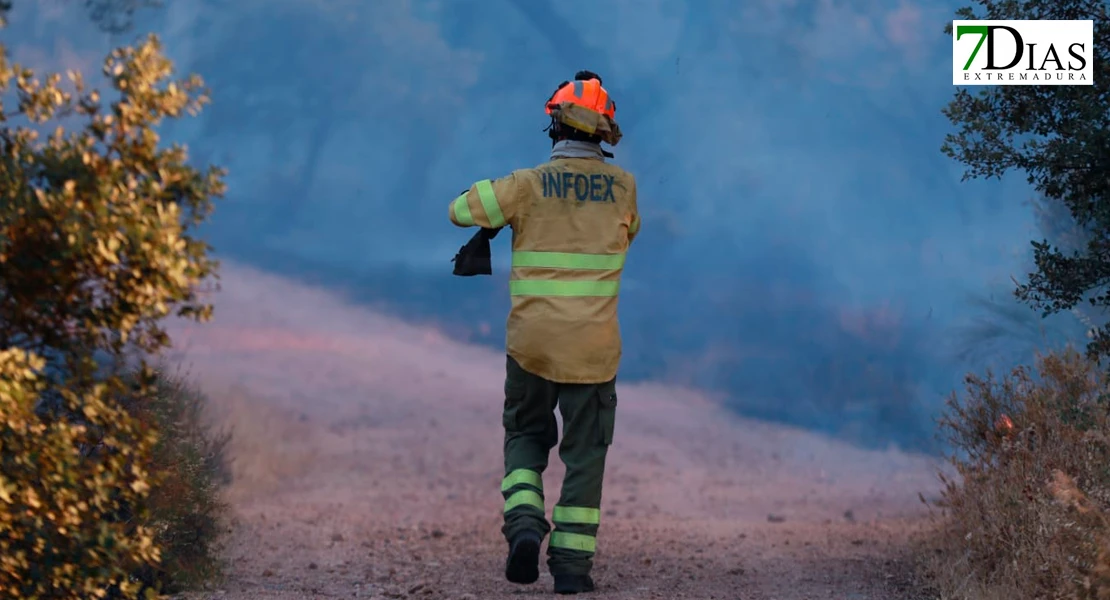 Bomberos del Infoex extinguiendo las llamas del incendio de Tres Arroyos