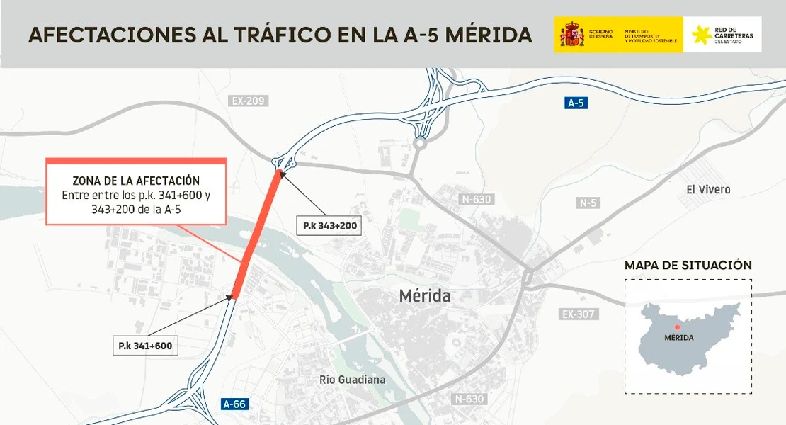 Cortes de tráfico en la A-5 en Mérida por obras en los viaductos sobre el Guadiana