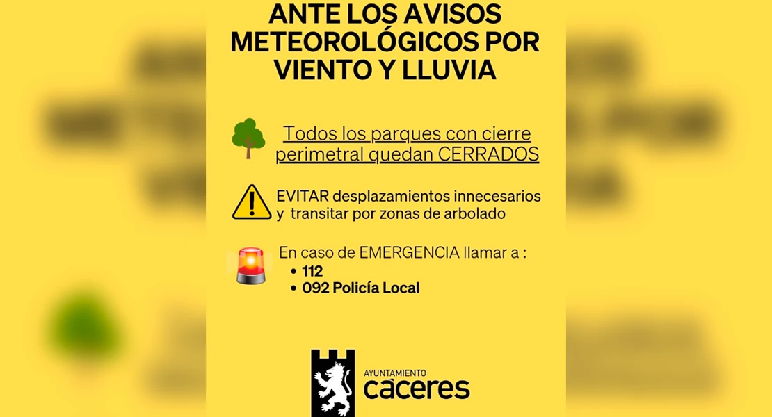 Alerta amarilla en Cáceres: parques cerrados y precauciones ante intensas lluvias