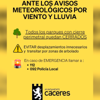 Alerta amarilla en Cáceres: parques cerrados y precauciones ante intensas lluvias