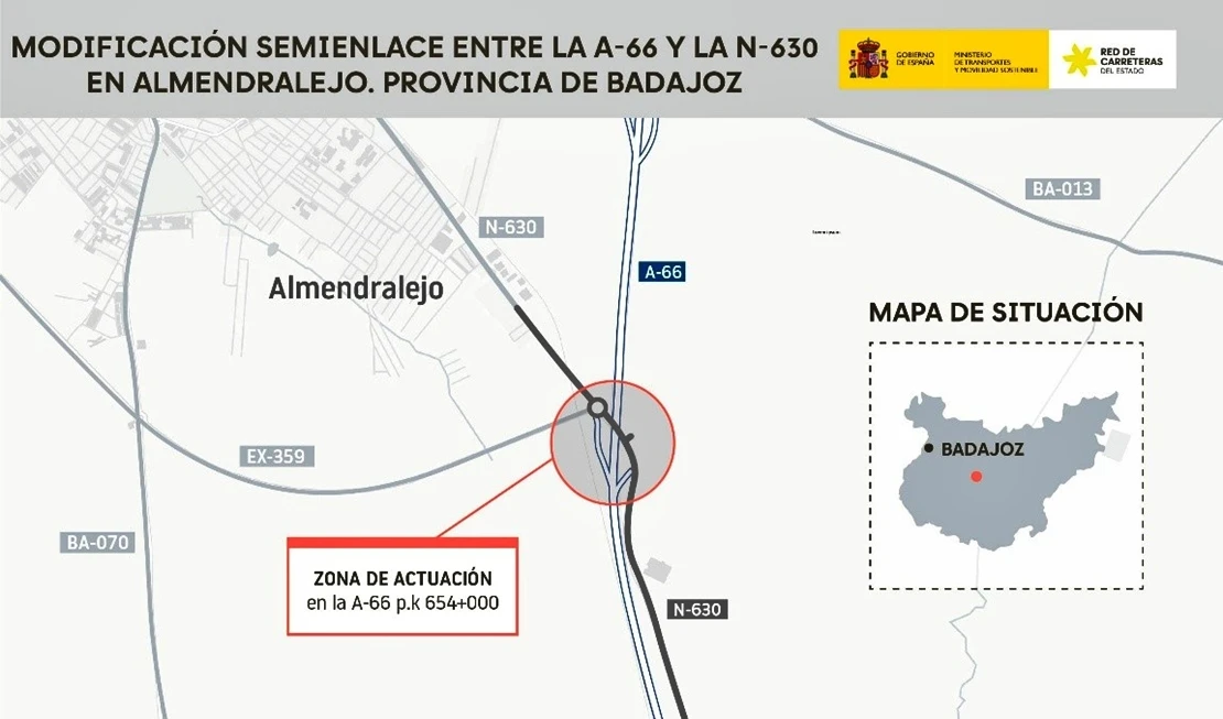 Inversión de 5,3M€ para transformar el semienlace de la A-66 y la N-630 en Almendralejo