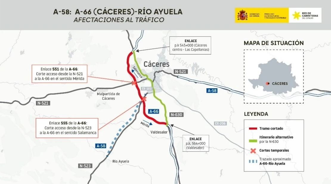 Cortes de tráfico por las obras del nuevo tramo de la A-58 en Cáceres