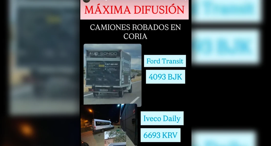 Roban dos vehículos cargados de material audiovisual en Coria: piden ayuda para dar con ellos