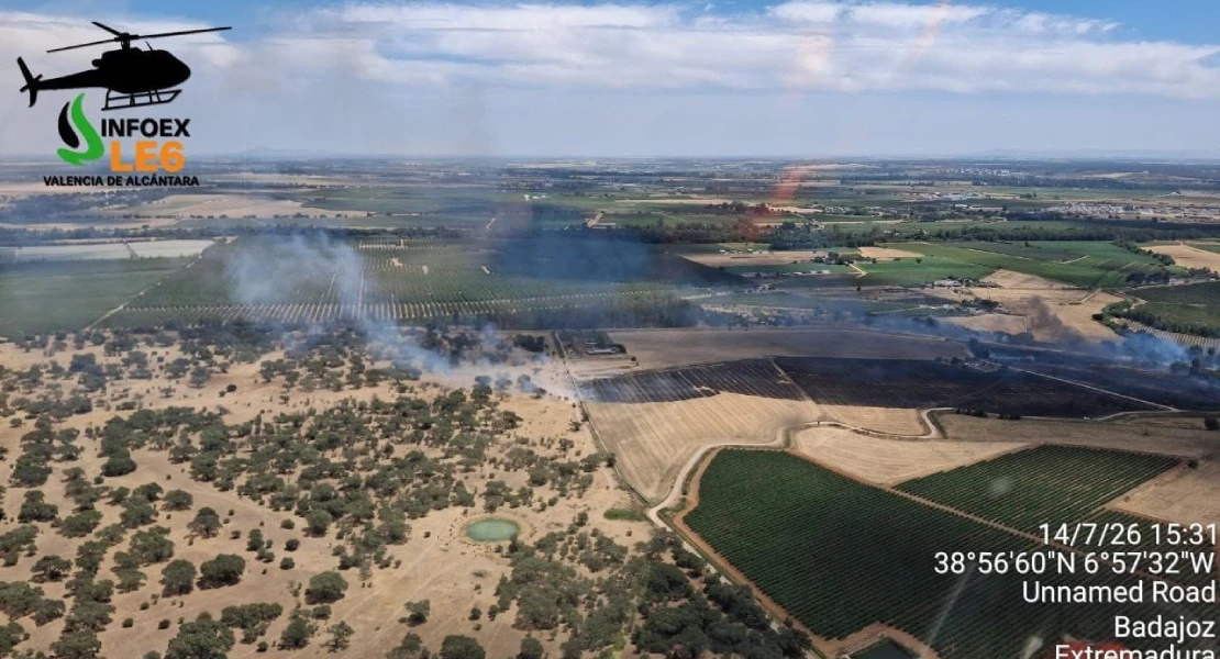 Los bomberos luchan contra un incendio forestal en Badajoz