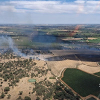 Los bomberos luchan contra un incendio forestal en Badajoz
