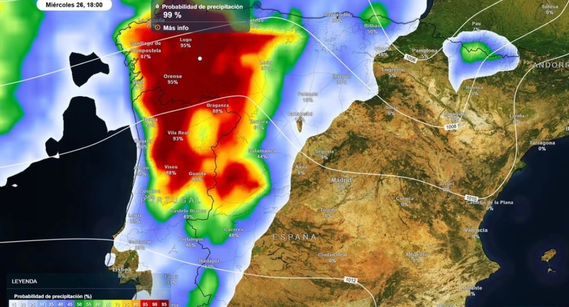 Así entrará la borrasca hacia Extremadura: zonas donde el frente dejará lluvias