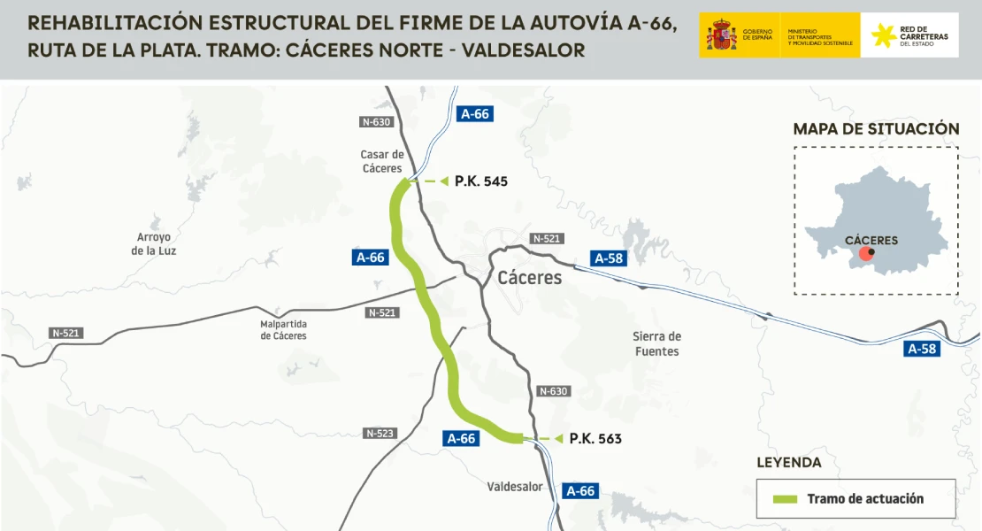 Licitada por 11,3 millones la rehabilitación del firme de la A-66 entre Cáceres y Valdesalor